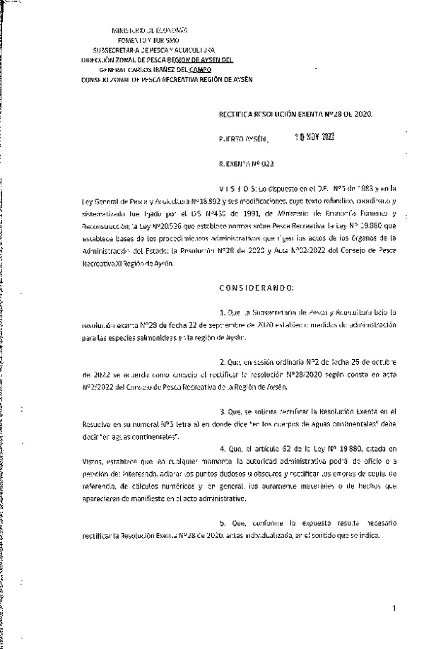 Res. Ex. N° 023-2022 (DZP Aysén) Rectifica Res. Ex. N° 028-2020 (DZP Aysén) Establece Medidas de Administración para las Especies Salmonideas en la Región de Aysén. (Publicado en Página Web 11-09-2023)