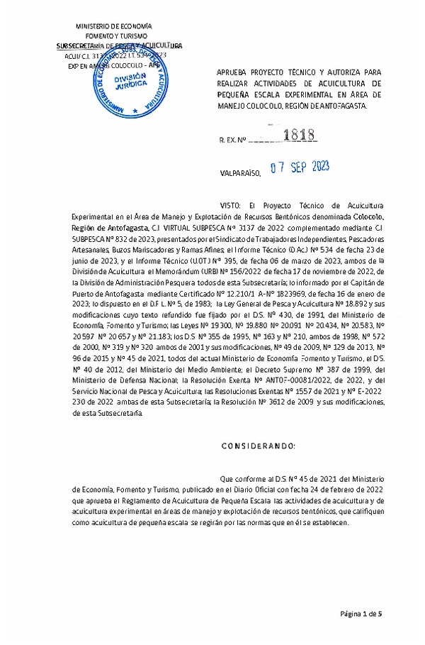 Res. Ex N° 1818-2023, Aprueba proyecto técnico y autoriza para realizar actividades de Acuicultura de Pequeña Escala Experimental en área de Manejo Colocolo, Región de Antofagasta. (Publicado en Página Web 12-09-2023).