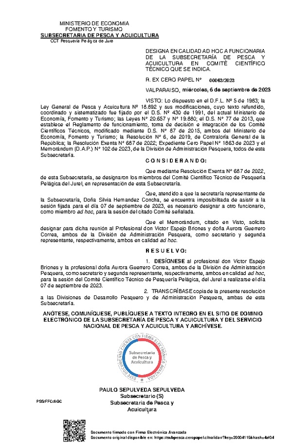 Res. Ex. N° 00063-2023 Designa en Calidad Ad-Hoc a funcionaria de la Subsecretaría de Pesca y Acuicultura en Comité Científico Técnico que se Indica. (Publicado en Página Web 13-09-2023)