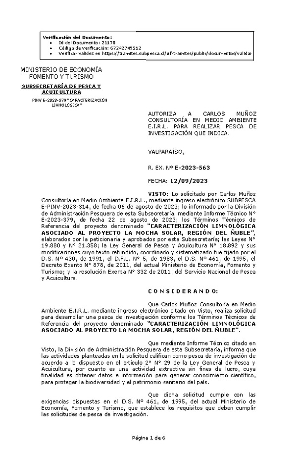 R. EX. Nº E-2023-563 AUTORIZA A CARLOS MUÑOZ CONSULTORÍA EN MEDIO AMBIENTE E.I.R.L. PARA REALIZAR PESCA DE INVESTIGACIÓN QUE INDICA. (Publicado en Página Web 13-09-2023)