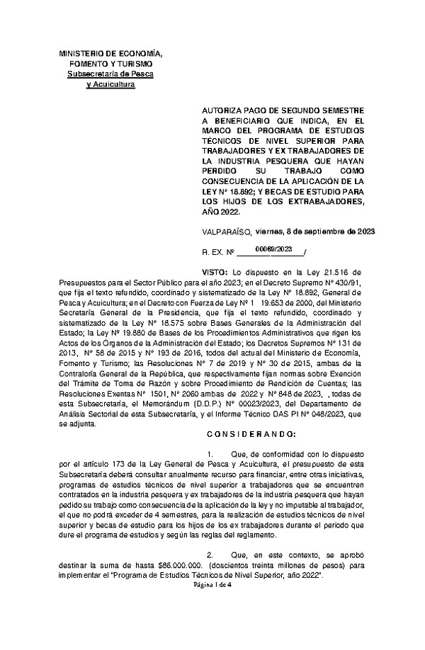 Res. Ex. N° 00069-2023 Autoriza pago de segundo semestre a beneficiario que indica, en el marco del programa que señala. (Publicado en Página Web 13-09-2023)