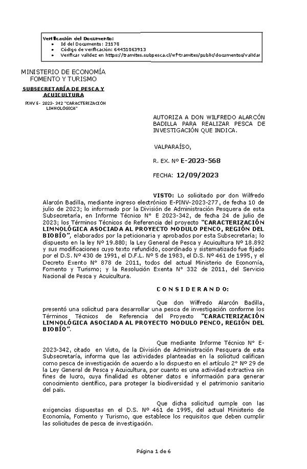 R. EX. Nº E-2023-568 AUTORIZA A DON WILFREDO ALARCÓN BADILLA PARA REALIZAR PESCA DE INVESTIGACIÓN QUE INDICA. (Publicado en Página Web 13-09-2023)