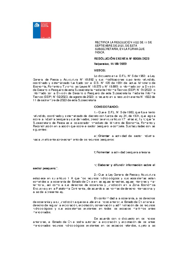 Res. Ex. N° 00081-2023 Rectifica Res. Ex. N° 1822-2023 que Modifica Res. Ex. N° 1589-2023 Constata Fenómeno Oceanográfico que Indica. (Publicado en Página Web 14-09-2023)