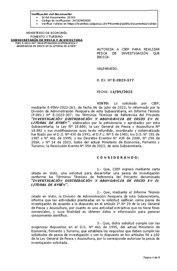 R. EX. Nº E-2023-577 AUTORIZA A CIEP PARA REALIZAR PESCA DE INVESTIGACIÓN QUE INDICA. (Publicado en Página Web 20-09-2023)