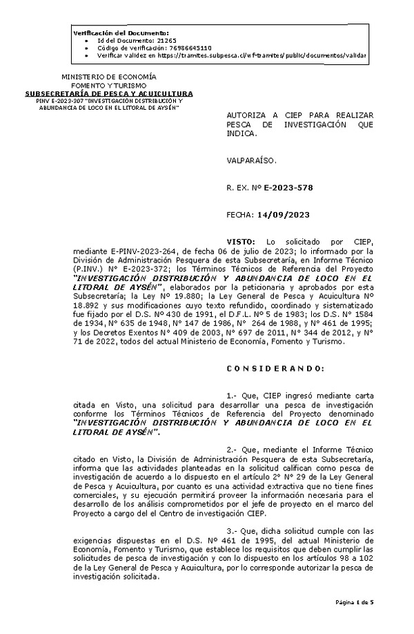 R. EX. Nº E-2023-578 AUTORIZA A CIEP PARA REALIZAR PESCA DE INVESTIGACIÓN QUE INDICA. (Publicado en Página Web 20-09-2023)