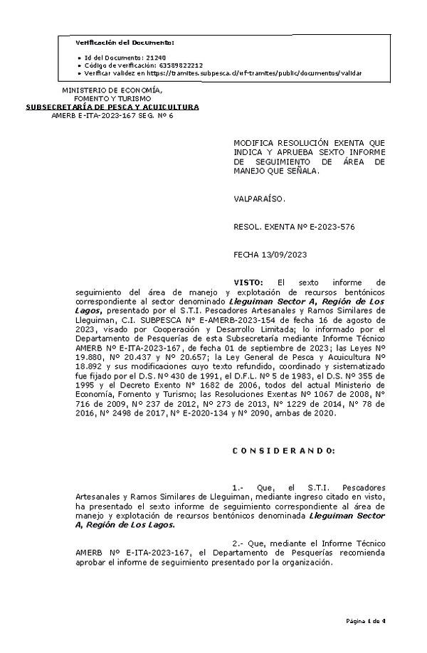 RESOL. EXENTA Nº E-2023-576 Modifica resolución que indica, Aprueba 6° Seguimiento. (Publicado en Página Web 20-09-2023)