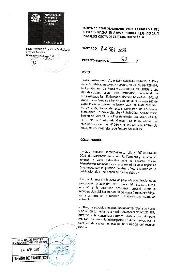 Dec. Ex. N° 40-2023 Suspende Temporalmente Veda Extractiva del Recurso Macha en Área y Período que Indica, y Establece Cuota de Captura que Señala. (Publicado en Página Web 20-09-2023)