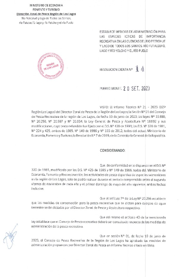 Res. Ex. N° 14-2023 (DZP Los Lagos) Establece Medidas de Administración para las Especies Ícticas de Importancia Recreativa en el Río Petrohué y Lago de Todos Los Santos, Río Futaleufú, Lago y Río Yelcho y El Río Puelo. (Publicado en Página Web 20-09-2023)