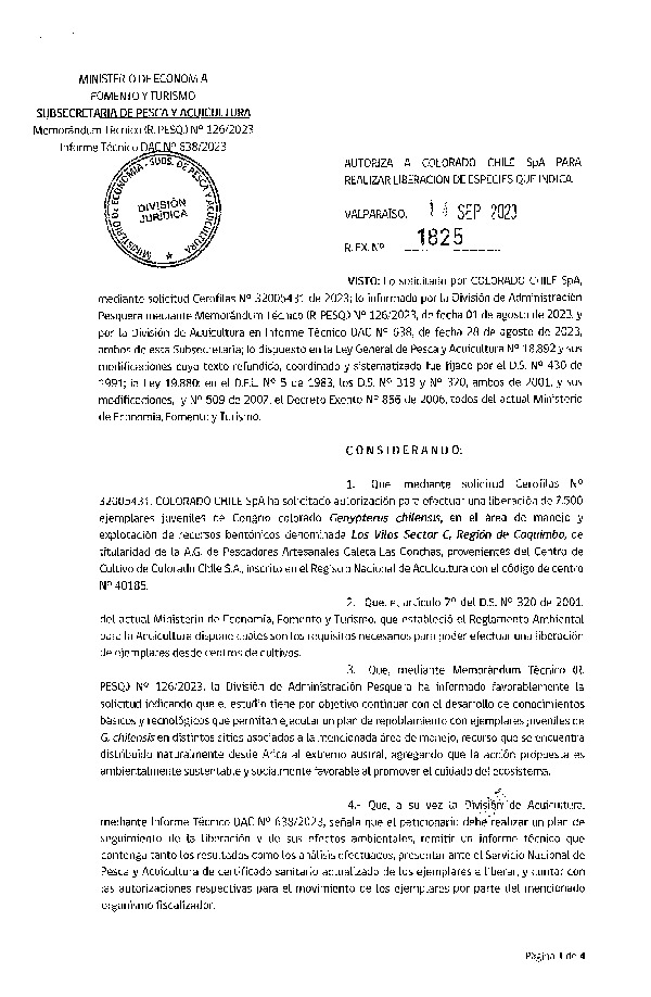 Res. Ex. N° 1825-2023 Autoriza a Colorado S.A. para realizar liberación de especies que indica. (Publicado en Página Web 20-09-2023)