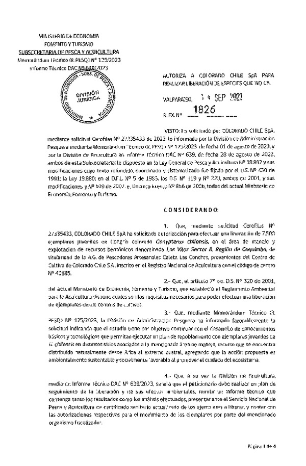 Res. Ex. N° 1826-2023 Autoriza a Colorado S.A. para realizar liberación de especies que indica. (Publicado en Página Web 20-09-2023)