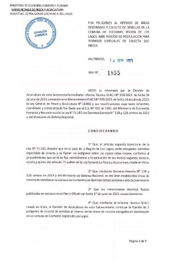 Res. Ex. N° 1855-2023 Fija Polígonos al Interior de Área Destinadas a Colecta en la Comuna de Cochamó, Región de Los Lagos, Abre Período de Postulación para Permisos Especiales de Colecta que Indica. (Publicado en Página Web 20-09-2023)