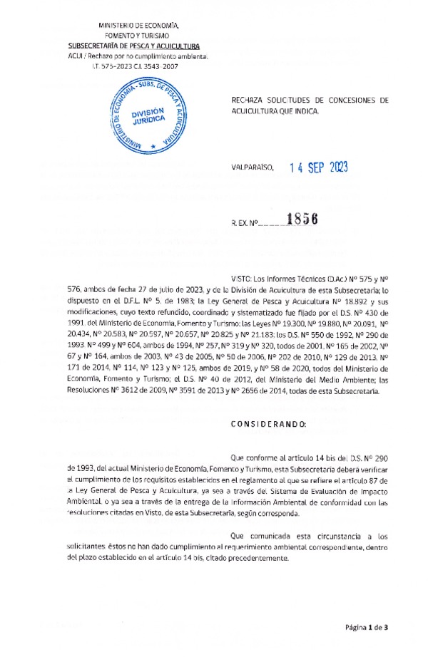 Res. Ex. N° 1856-2023 Rechaza solicitudes de concesiones de acuicultura que indica.