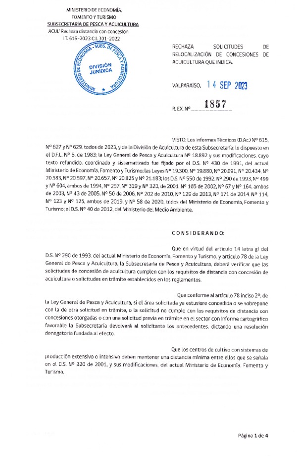 Res. Ex. N° 1857-2023 Rechaza solicitudes de relocalización de concesiones de acuicultura que indica.