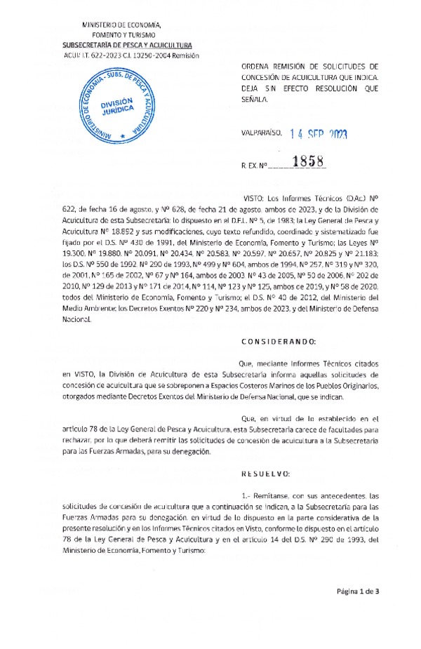 Res. Ex. N° 1858-2023 Ordena remisión de solicitudes de concesión de acuicultura que indica. Deja sin efecto resolución que señala.