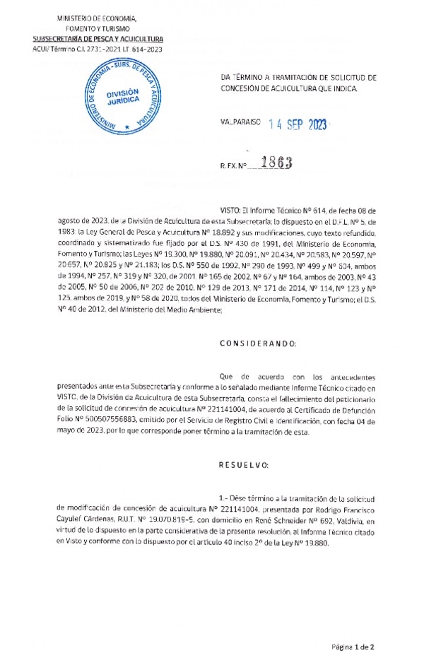 Res. Ex. N° 1863-2023 Da término a tramitación de solicitud de concesión de acuicultura que indica.