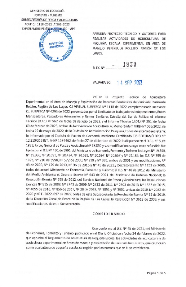 Res. Ex N° 1859-2023, Aprueba proyecto técnico y autoriza para realizar actividades de Acuicultura de Pequeña Escala Experimental en área de Manejo Península Rollizo, Región de Los Lagos. (Publicado en Página Web 21-09-2023).