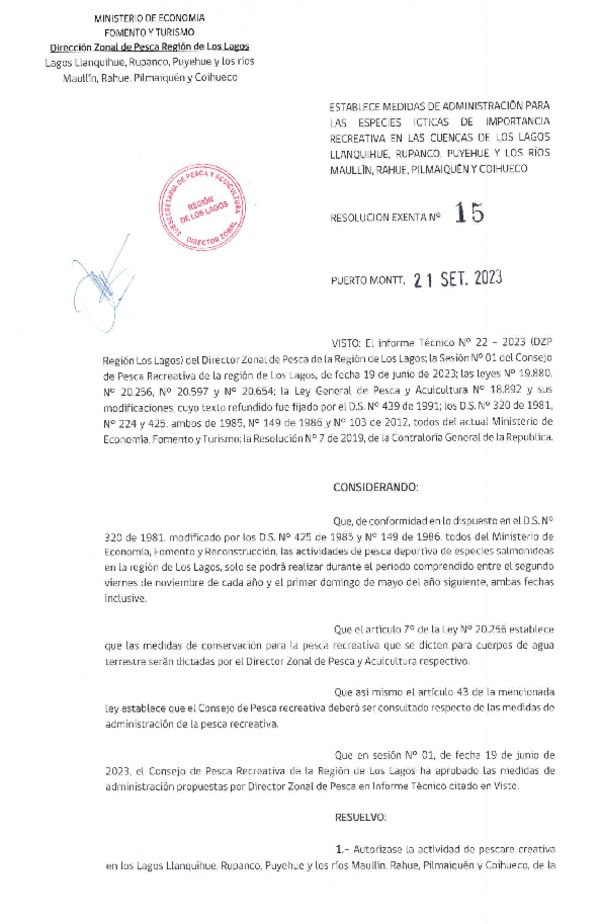 Res. Ex. N° 15-2023 (DZP Los Lagos) Establece Medidas de Administración para las Especies Ícticas de Importancia Recreativa en las Cuencas de los Lagos Llanquihue, Rupanco, Puyehue y Los ríos Maullín, Rahue, Pilmaiquén y Coihueco. (Publicado en Página Web 21-09-2023)