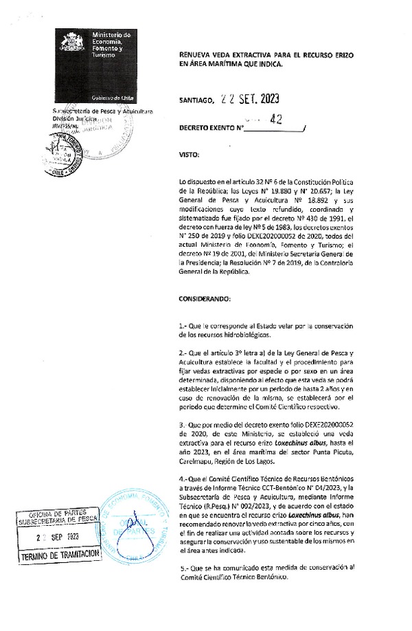 Dec. Ex. N° 42-2023 Renueva Veda Extractiva para el Recurso Erizo, Sector de Carelmapu, Región de Los Lagos. (Publicado en Página Web 25-09-2023) (F.D.O. 27-09-2023)