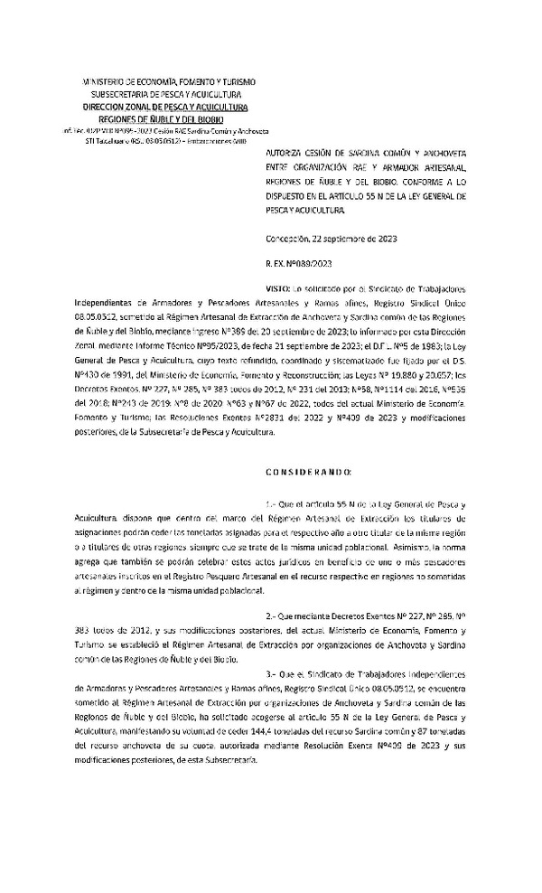 Res. Ex. N° 89-2023 (DZP Ñuble-Biobío) Autoriza cesión Sardina común y anchoveta. (Publicado en Pagina Web 25-09-2023).