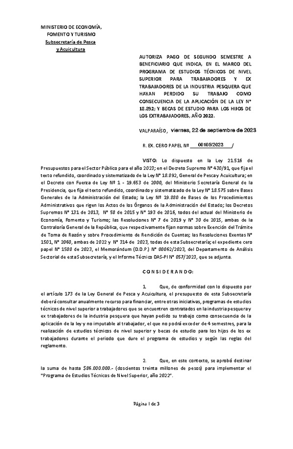 Res. Ex. N° 00105-2023 Autoriza pago de segundo semestre a beneficiario que indica, en el marco del programa que señala. (Publicado en Página Web 25-09-2023)