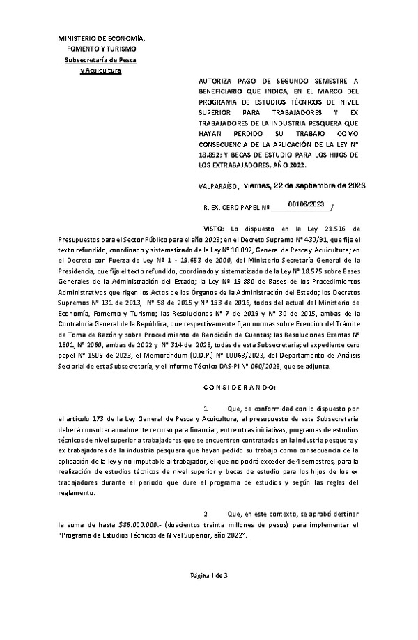 Res. Ex. N° 00106-2023 Autoriza pago de segundo semestre a beneficiario que indica, en el marco del programa que señala. (Publicado en Página Web 25-09-2023)