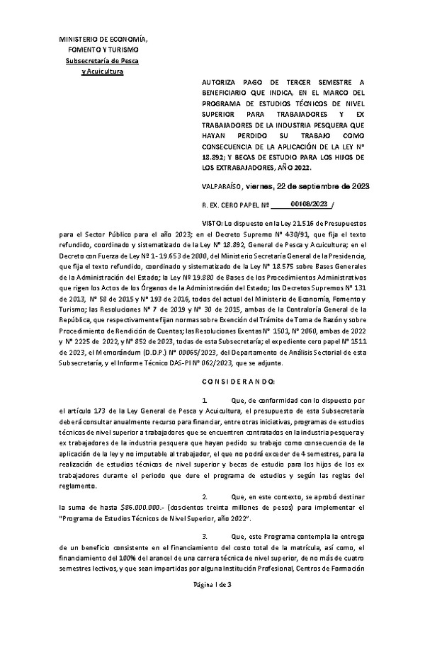 Res. Ex. N° 00108-2023 Autoriza pago de tercer semestre a beneficiario que indica, en el marco del programa que señala. (Publicado en Página Web 25-09-2023)