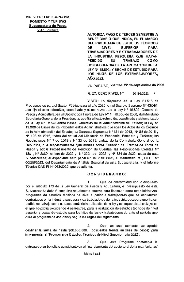 Res. Ex. N° 00109-2023 Autoriza pago de tercer semestre a beneficiario que indica, en el marco del programa que señala. (Publicado en Página Web 25-09-2023)