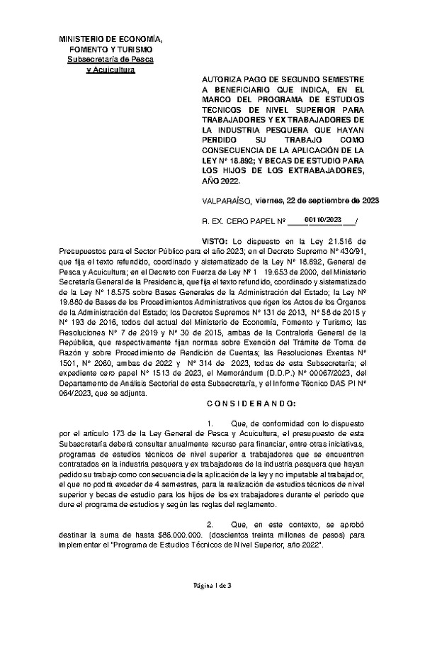 Res. Ex. N° 00110-2023 Autoriza pago de segundo semestre a beneficiario que indica, en el marco del programa que señala. (Publicado en Página Web 25-09-2023)