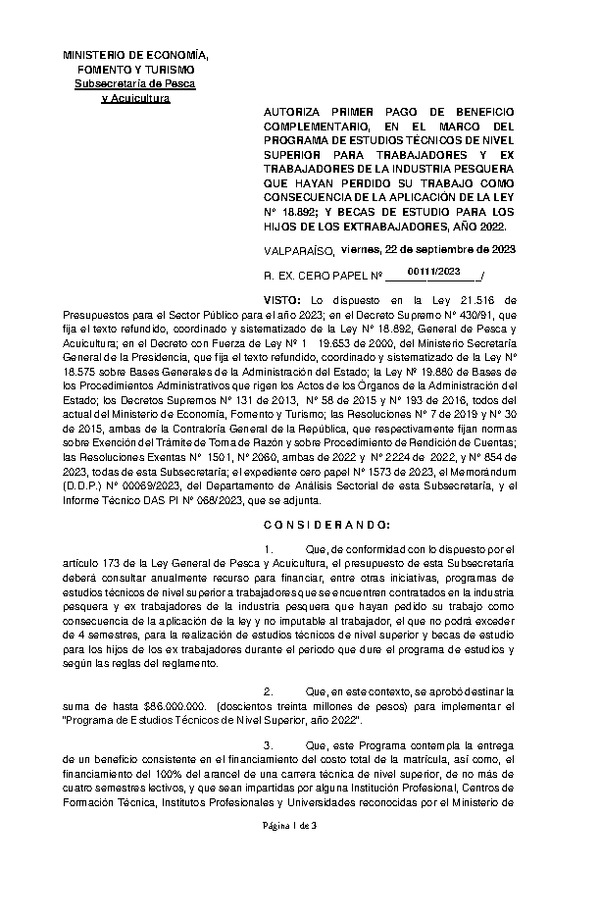 Res. Ex. N° 00111-2023 Autoriza primer pago de beneficio complementario, en el marco del programa que señala. (Publicado en Página Web 25-09-2023)