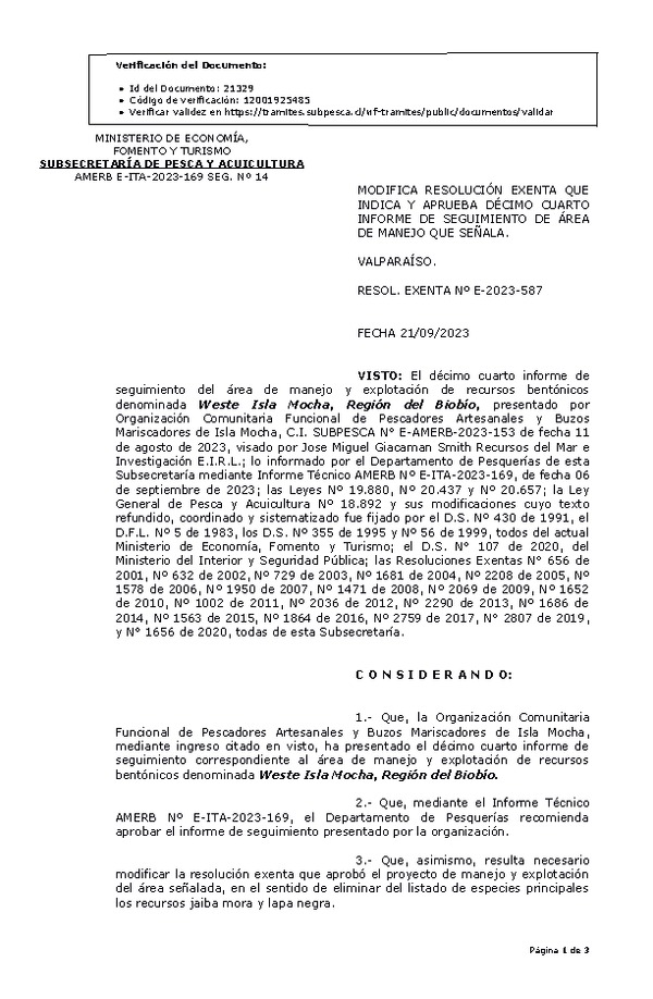 RESOL. EXENTA Nº E-2023-587 Modifica resolución que indica, Aprueba 14° seguimiento. (Publicado en Página Web 26-09-2023)