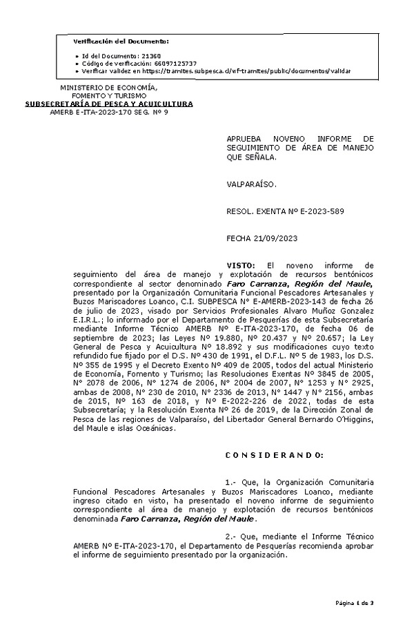 RESOL. EXENTA Nº E-2023-589 Aprueba 9° seguimiento. (Publicado en Página Web 26-09-2023)