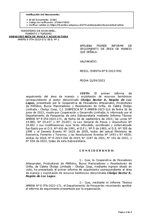 RESOL. EXENTA Nº E-2023-590 Aprueba 1° seguimiento. (Publicado en Página Web 26-09-2023)