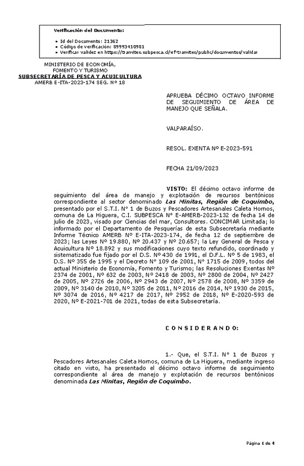 RESOL. EXENTA Nº E-2023-591 Aprueba 18° seguimiento. (Publicado en Página Web 26-09-2023)