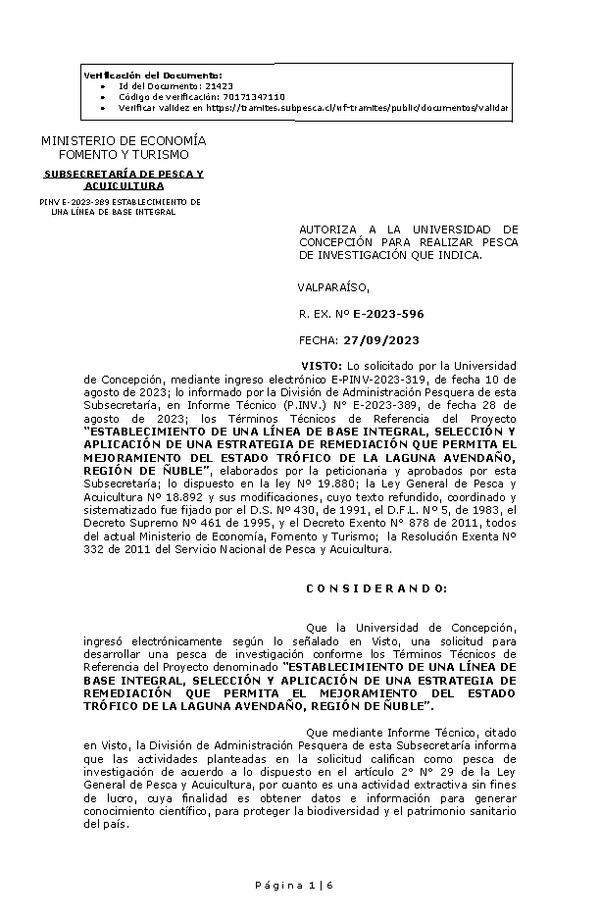 R. EX. Nº E-2023-596 AUTORIZA A LA UNIVERSIDAD DE CONCEPCIÓN PARA REALIZAR PESCA DE INVESTIGACIÓN QUE INDICA. (Publicado en Página Web 28-09-2023)