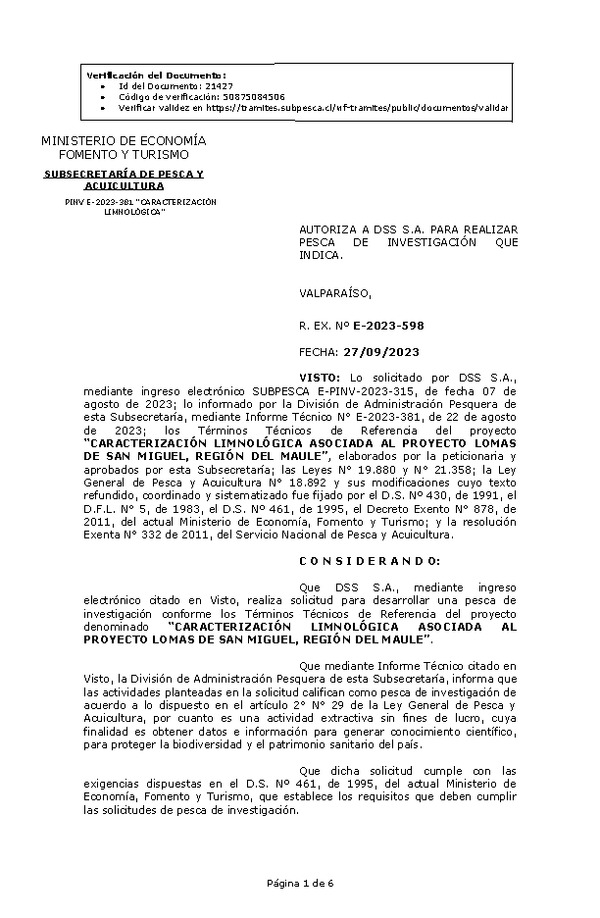 R. EX. Nº E-2023-598 AUTORIZA A DSS S.A. PARA REALIZAR PESCA DE INVESTIGACIÓN QUE INDICA. (Publicado en Página Web 28-09-2023)