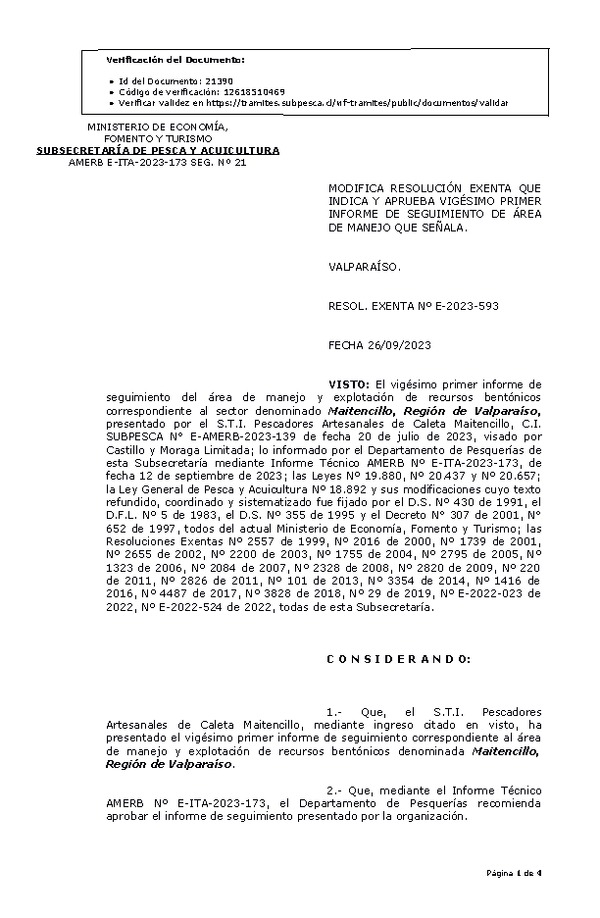 RESOL. EXENTA Nº E-2023-593 Modifica resolución que indica, Aprueba 21° seguimiento. (Publicado en Página Web 28-09-2023)