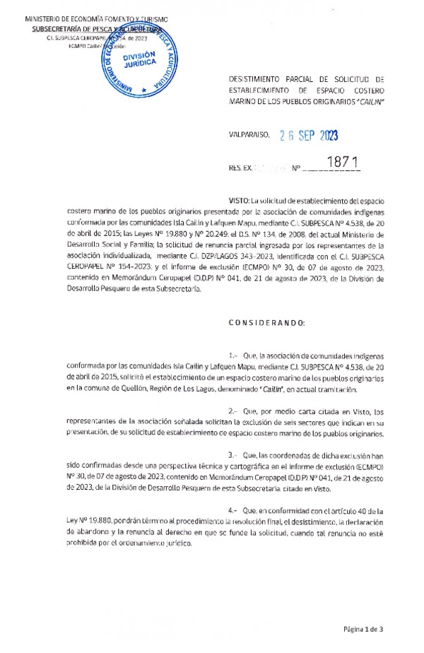 Res. Ex. N° 1871-2023 Desistimiento parcial de solicitud de establecimiento de ECMPO Cailin. (Publicado en Página Web 28-09-2023)