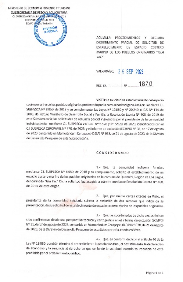 Res. Ex. N° 1870-2023 Acumula procedimientos y declara desistimiento parcial de solicitud de establecimiento de ECMPO Isla Tac. (Publicado en Página Web 28-09-2023)