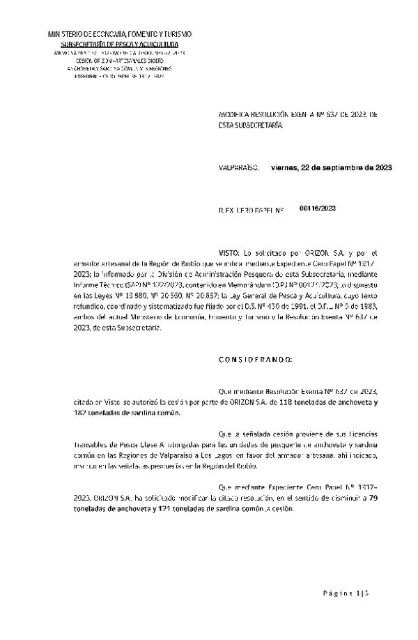 Res. Ex. N° 00116-2023 Modifica Res. Ex N° 0637-2023, Autoriza Cesión Anchoveta y Sardina Común Regiones de Valparaíso de Los Lagos. (Publicado en Página Web 02-10-2023)
