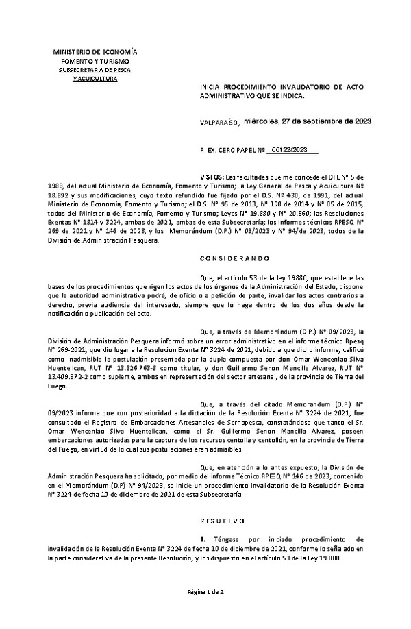 Res. Ex. N° 00122-2023 Inicia Procedimiento Invalidatorio de Acto Administrativo que se Indica. (Publicado en Página Web 03-10-2023)