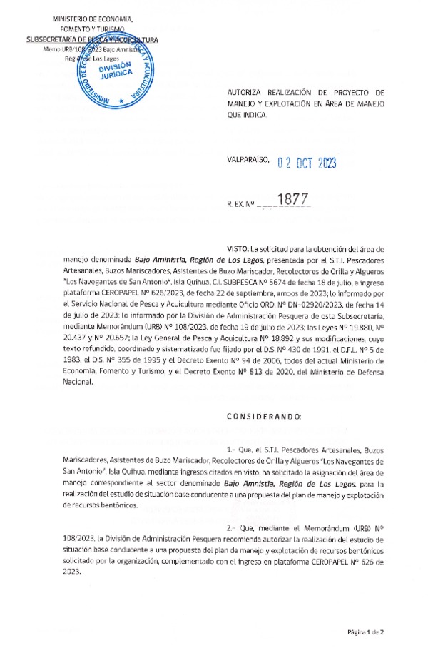 Res. Ex. N° 1877-2023 Autoriza Proyecto de Manejo. (Publicado en Página Web 04-10-2023)