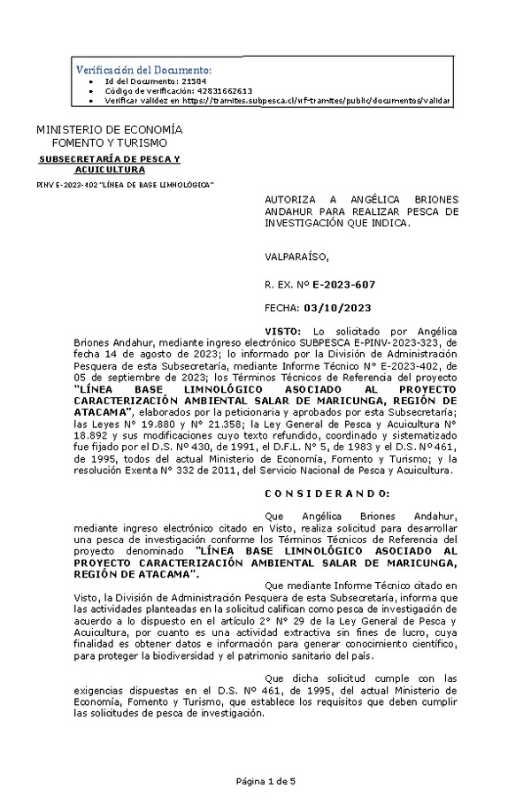 R. EX. Nº E-2023-607 AUTORIZA A ANGÉLICA BRIONES ANDAHUR PARA REALIZAR PESCA DE INVESTIGACIÓN QUE INDICA. (Publicado en Página Web 04-10-2023)