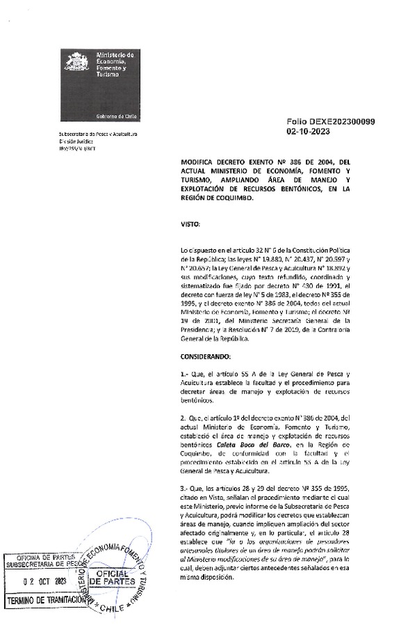 Dec. Ex. Folio N° 202300099 Modifica Dec. Ex. N° 386-2004 Amplía Área de Manejo Caleta Boca del Barco, Región de Coquimbo. (Publicado en Página Web 05-10-2023)