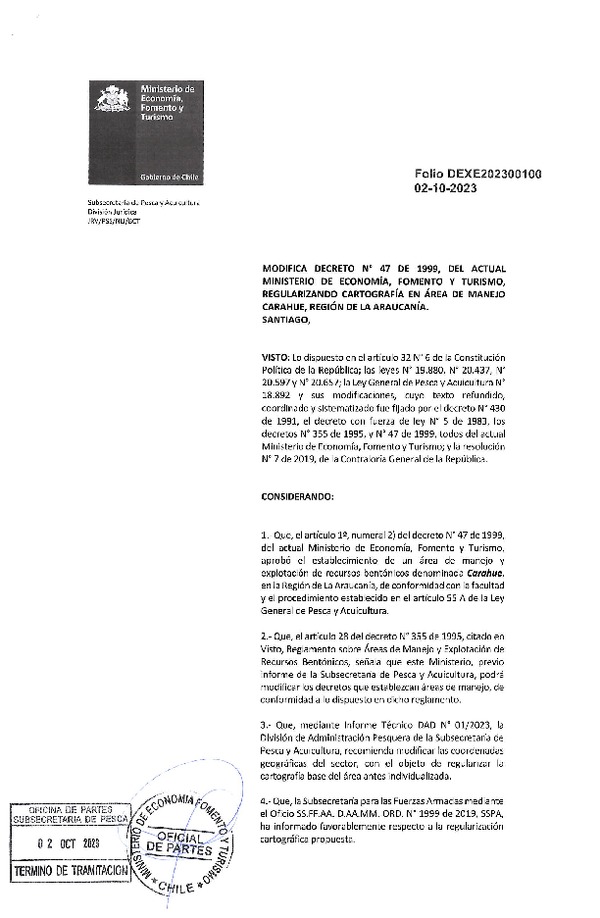 Dec. Ex. Folio N° 202300100 Modifica Dec. Ex. N° 47-1999 Regularizando Cartogrfía Área de Manejo Carahue, Región de La Araucanía. (Publicado en Página Web 05-10-2023)