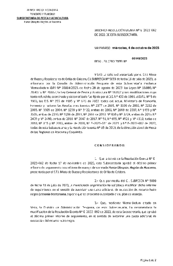 Res. Ex. N° 00149-2023 Modifica RESOL. EXENTA Nº E-2022-682 Aprueba 11° Seguimiento. (Publicado en Página Web 05-10-2023)