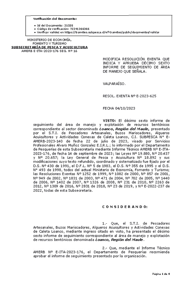 Res. Ex. N° E-2023-625 Modifica resolución que indica, Aprueba 16° Seguimiento. (Publicado en Página Web 06-10-2023)