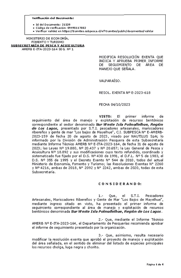 Res. Ex. N° E-2023-618 Modifica resolución que indica, Aprueba 1° Seguimiento. (Publicado en Página Web 06-10-2023)