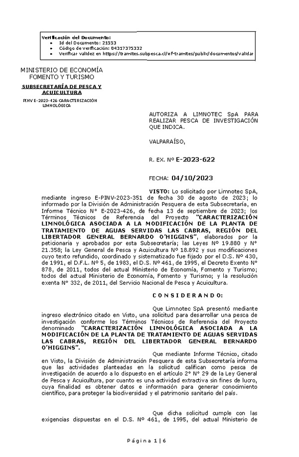 R. EX. Nº E-2023-622 AUTORIZA A LIMNOTEC SpA PARA REALIZAR PESCA DE INVESTIGACIÓN QUE INDICA. (Publicado en Página Web 06-10-2023)