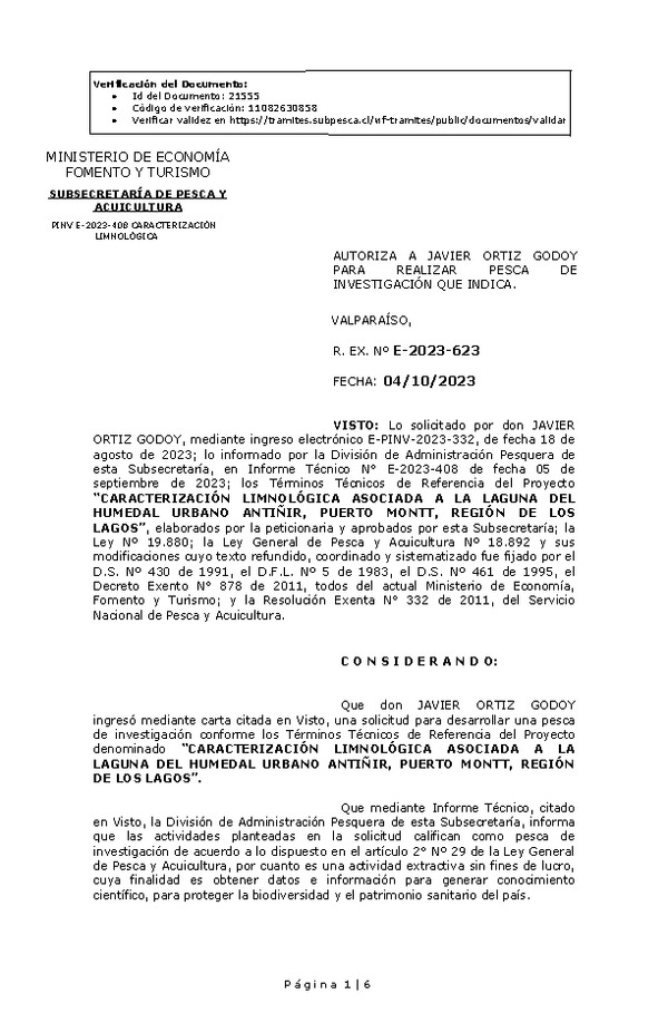 R. EX. Nº E-2023-623 AUTORIZA A JAVIER ORTIZ GODOY PARA REALIZAR PESCA DE INVESTIGACIÓN QUE INDICA. (Publicado en Página Web 06-10-2023)