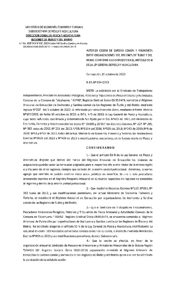 Res. Ex. N° 94-2023 (DZP Ñuble-Biobío) Autoriza cesión Sardina común y anchoveta. (Publicado en Pagina Web 10-10-2023).